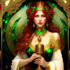 Detailed illustration of woman with red hair in green and gold attire, holding cup amidst intricate golden designs and