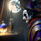Mystical character in clown makeup in library with moonlit window