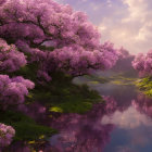 Serene river landscape with pink flowering trees and misty mountains