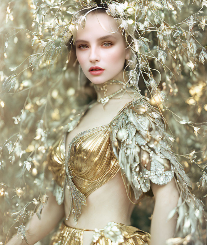 Golden Attire Woman Surrounded by Shimmering Foliage