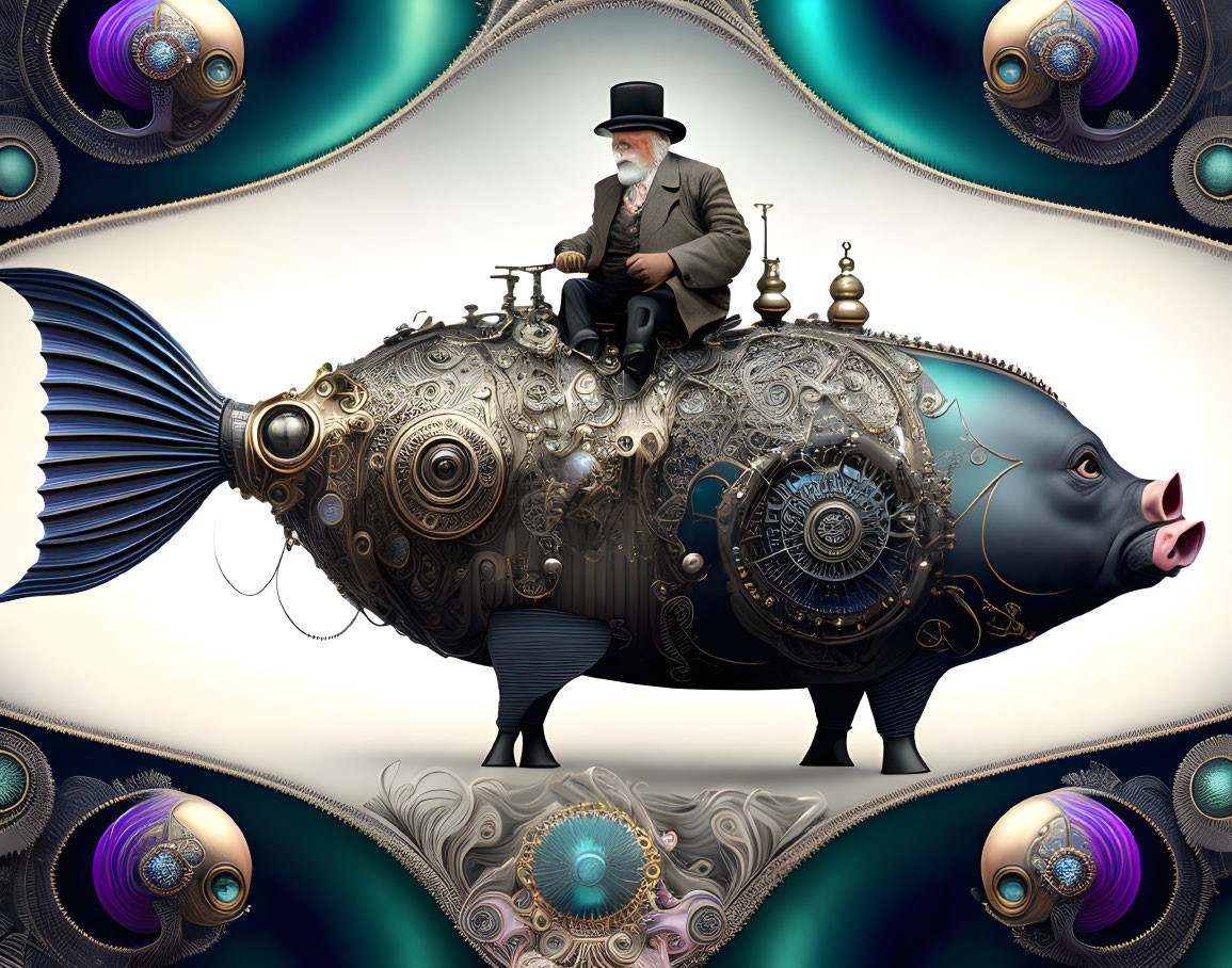Elderly man on ornate mechanical fish in surreal steampunk scene