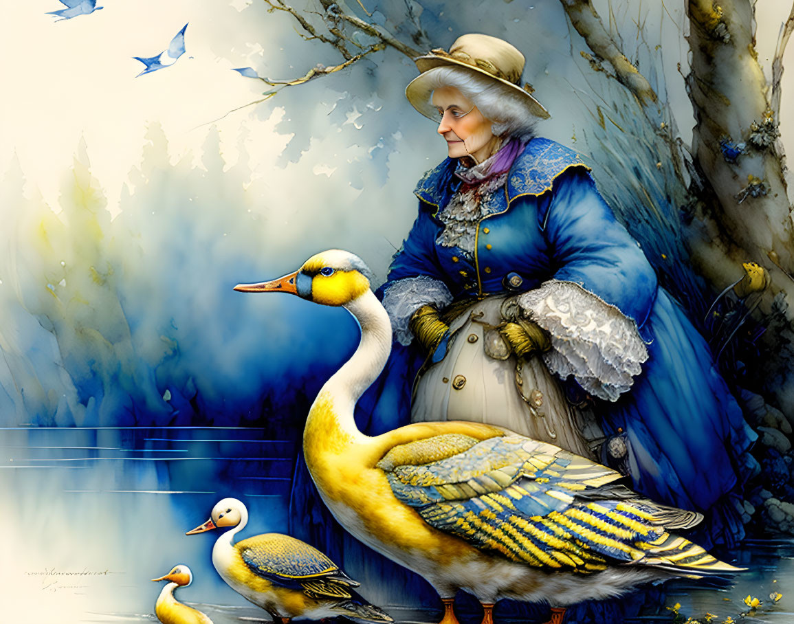 Old woman loved blue and yellow geese,