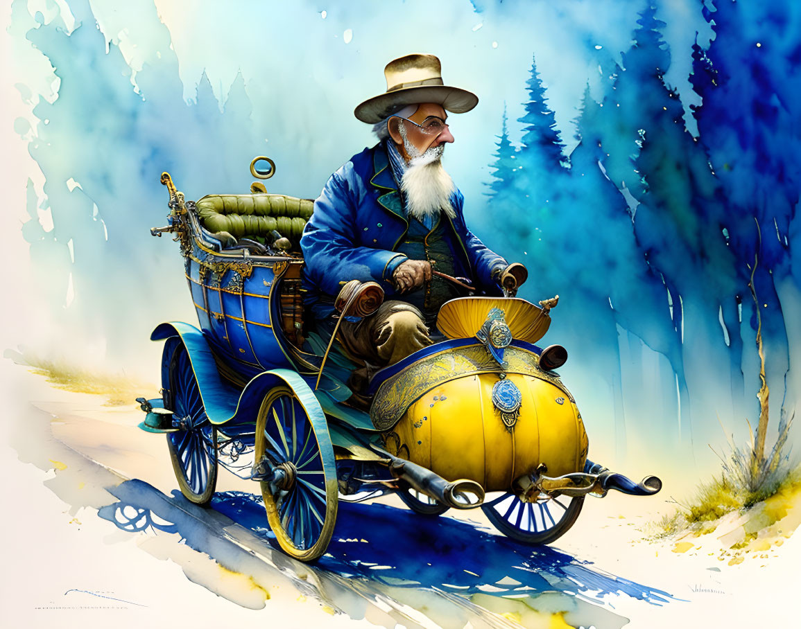 An old man driving blue yellow goose with