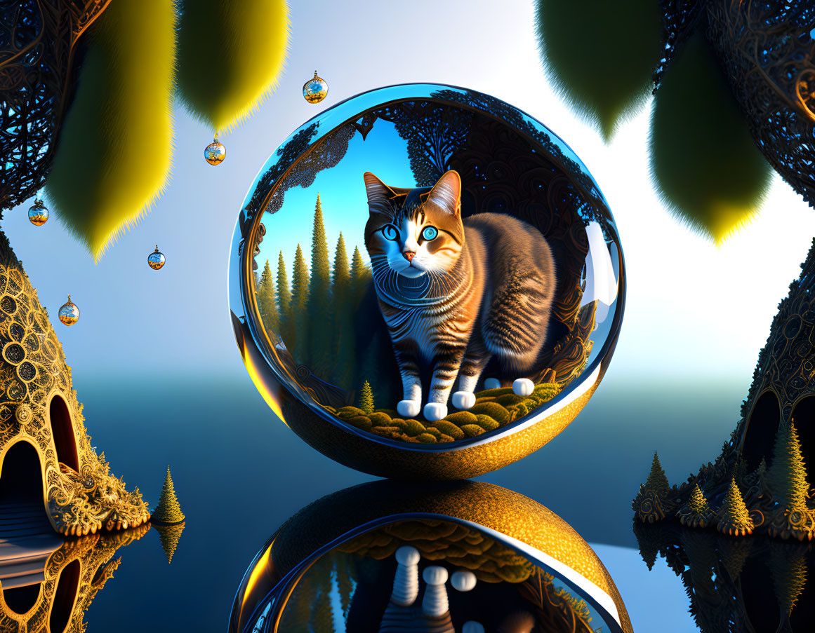 Brown and White Cat in Transparent Orb in Surreal Landscape