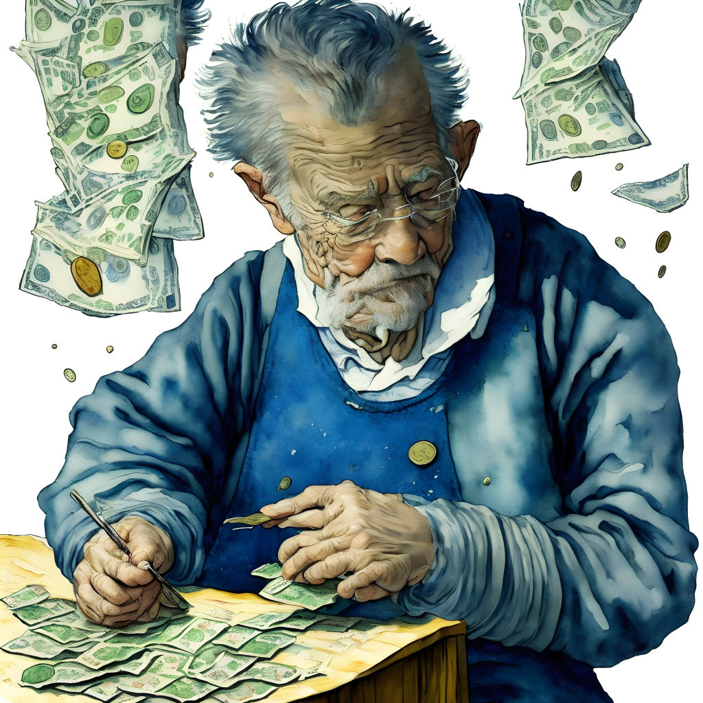 Elderly man in blue sweater counting money and coins on table