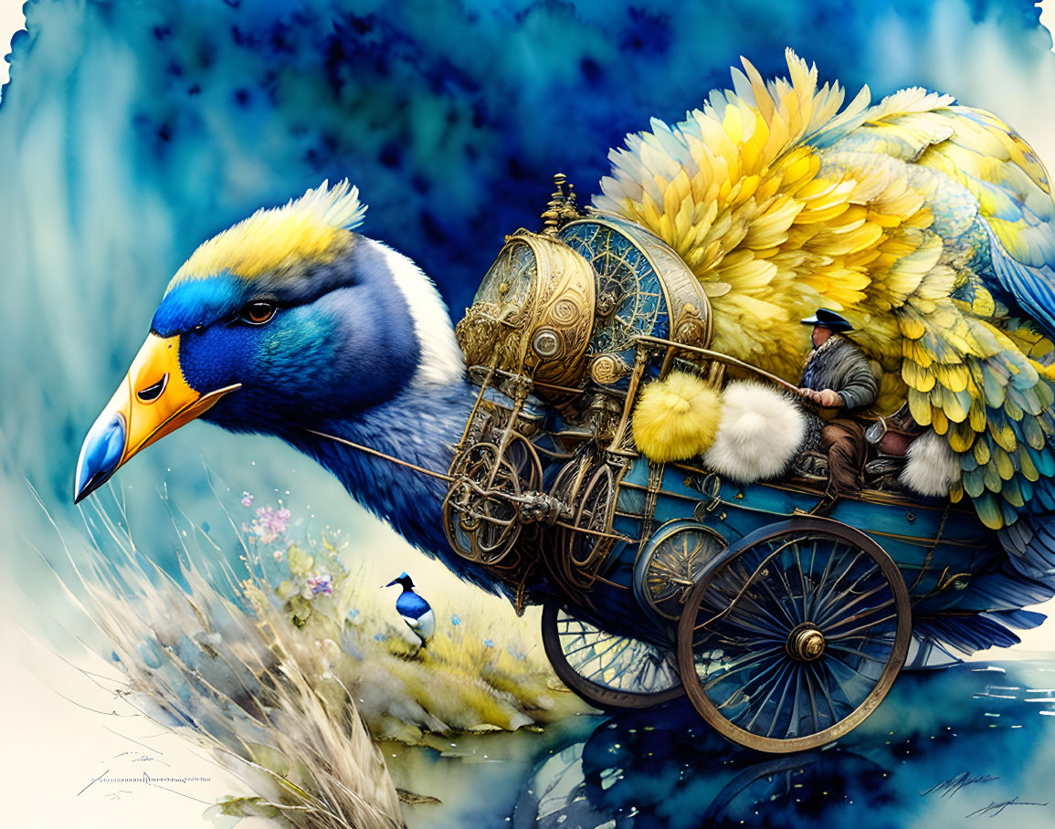Fantastical illustration of small figure on bird carriage in floral setting