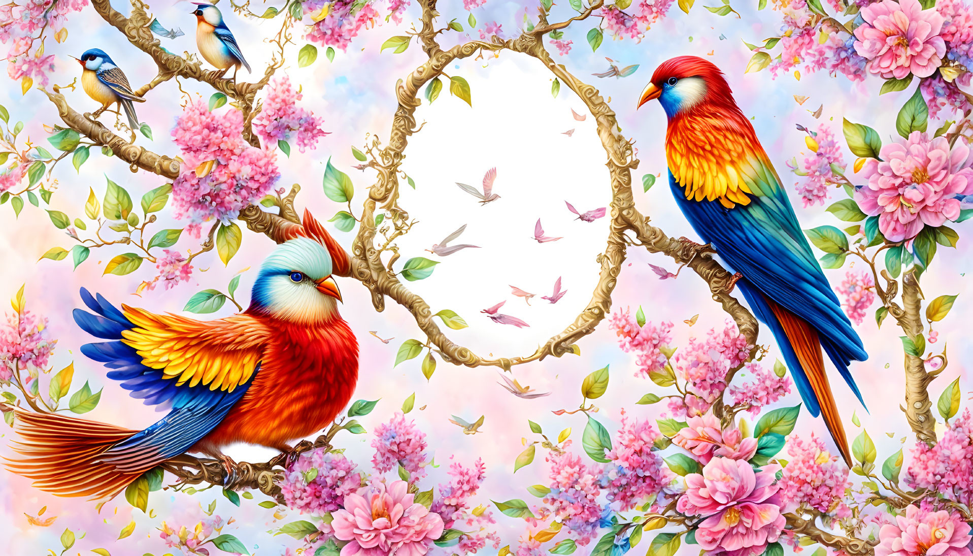 Fantasy birds in a tree, highly detailed, attracti