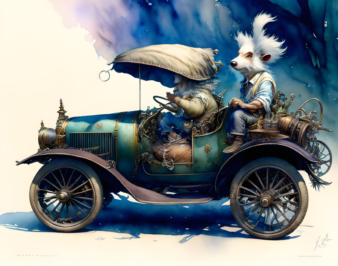 Anthropomorphic animals in vintage clothing driving whimsical steampunk car