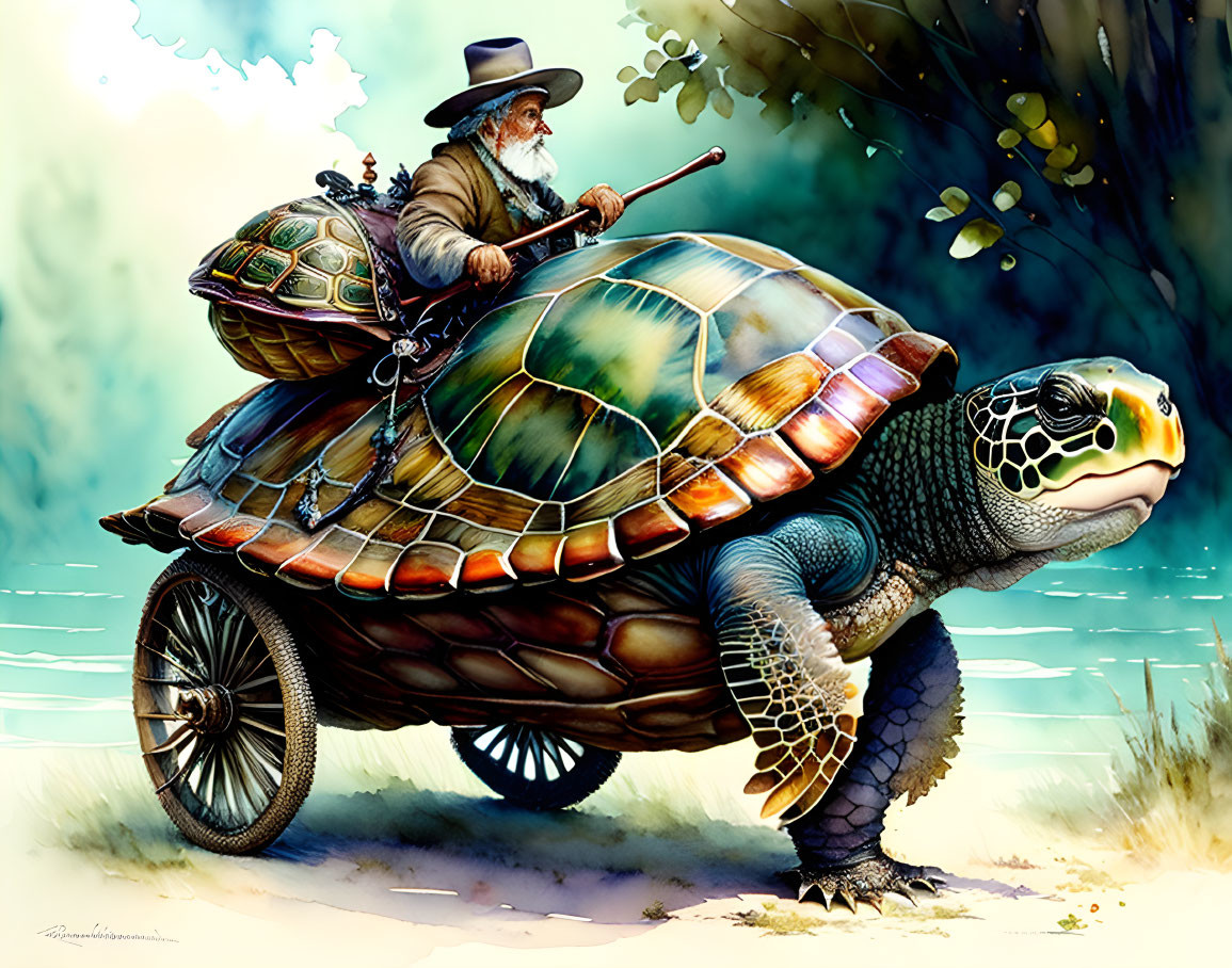 Elderly man rides giant turtle with wheels in sunny landscape