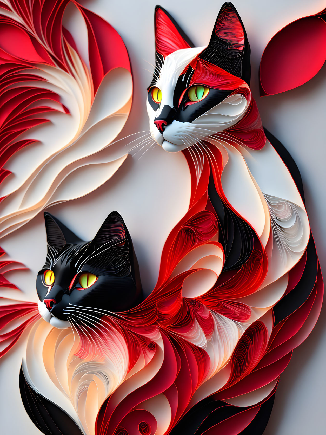 Stylized artistic cats with swirling red, black, and white patterns