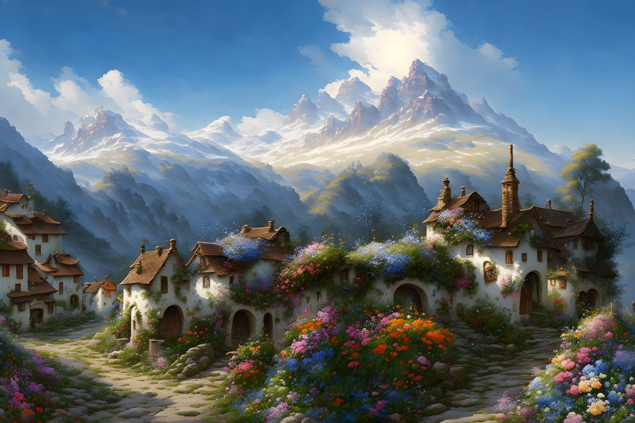A mountain village, stone-paved street with flower