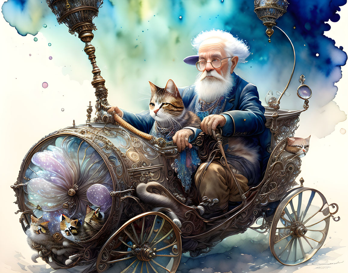 Old man driving cat jellyfish with handle,