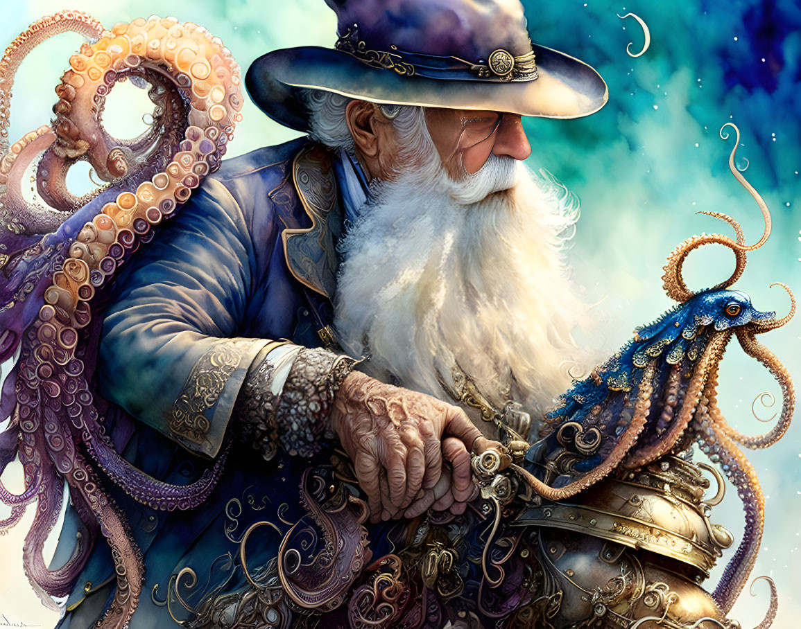 Elderly sea captain with long white beard and ship's wheel, entwined with octopus