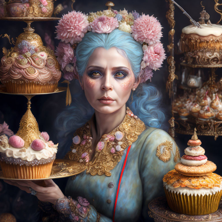 portrait of a crazy baker covered with cakes allov