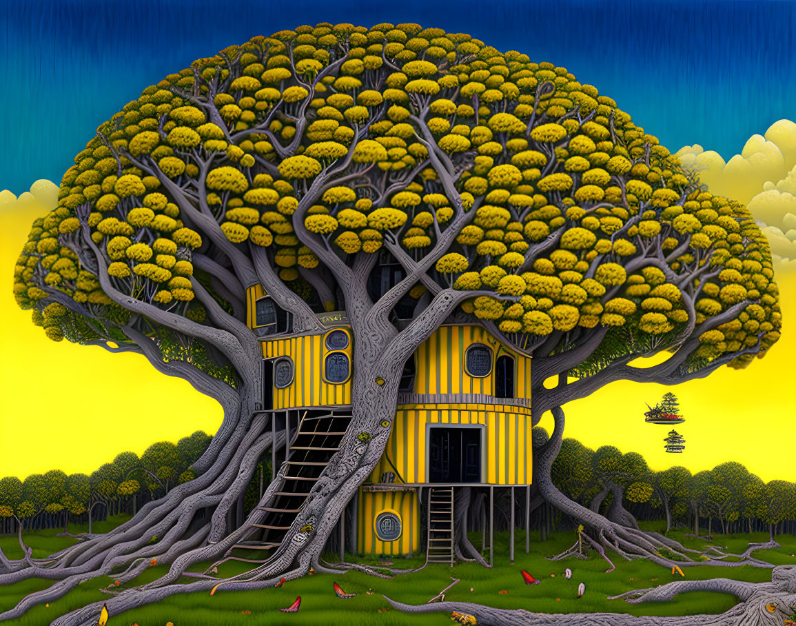 Yellow-striped treehouse in ancient tree with dense foliage under twilight sky