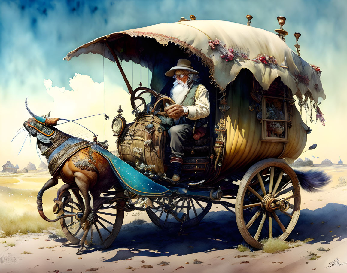 Elderly man with white beard in steampunk carriage pulled by mechanical beetle