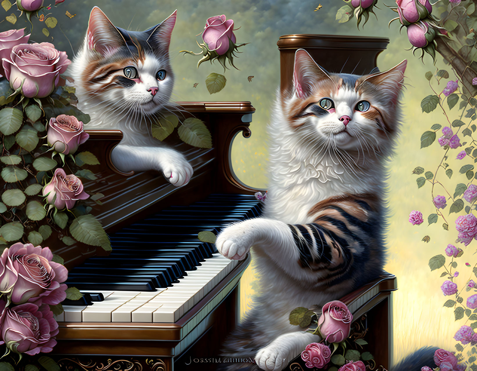 Roses cat playing a piano. extreme details, full f