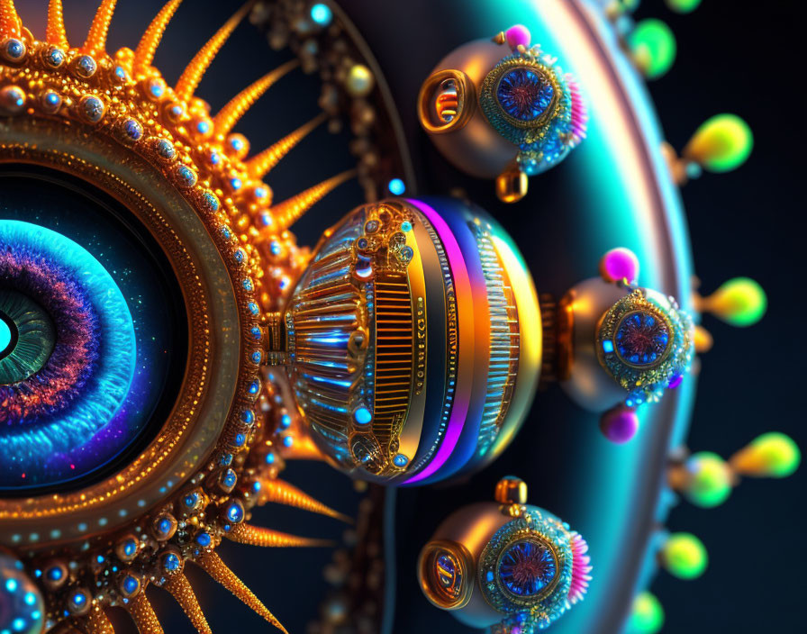 Detailed 3D fractal with eye-like structures and metallic patterns on dark background