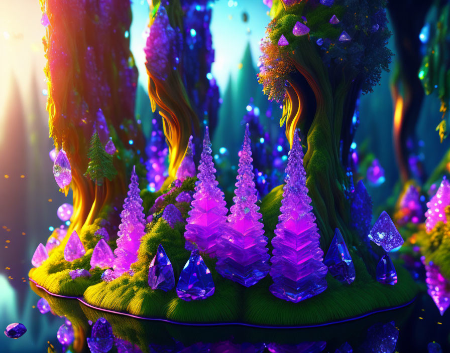 Fantastical landscape with glowing crystals and floating islands