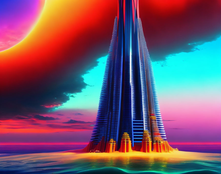 Colorful surreal skyscraper on island under red planet in vibrant sky
