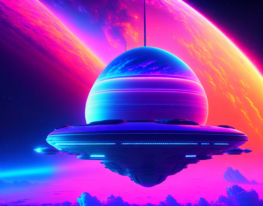 Vibrant sci-fi scene: spaceship near giant ringed planet in pink and blue nebulae