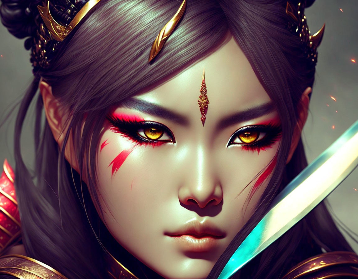 Detailed Fantasy Warrior Portrait with Gold Crown, Red Makeup, Glowing Eyes, and Gleaming Sword