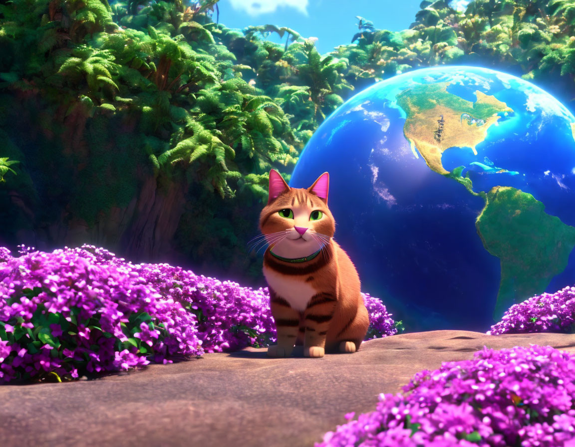 Animated Cat with Green Collar Surrounded by Purple Flowers and Earth Background