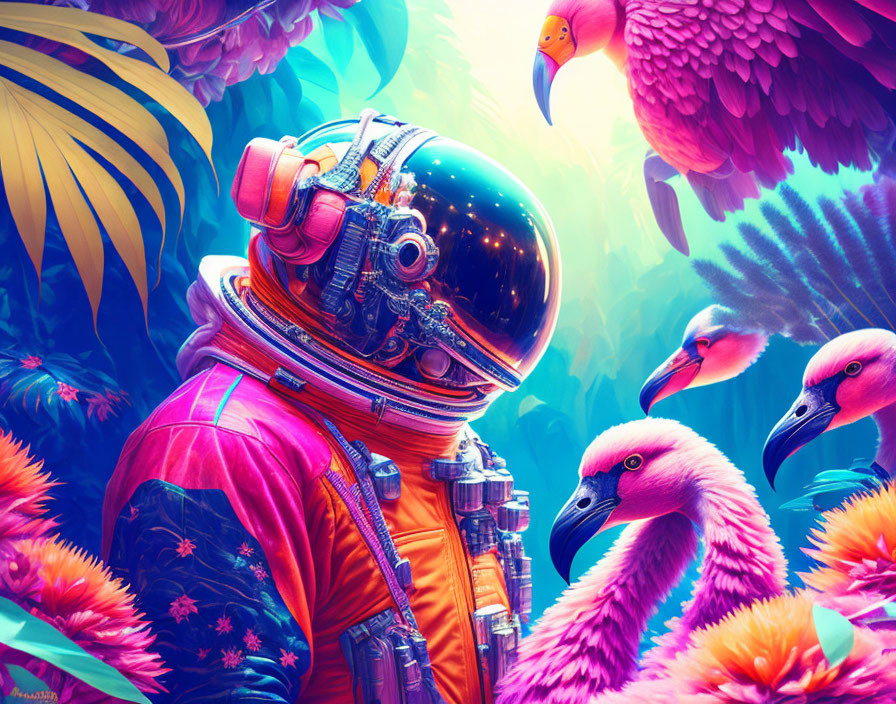 Colorful Astronaut Surrounded by Neon Tropical Flora and Fauna