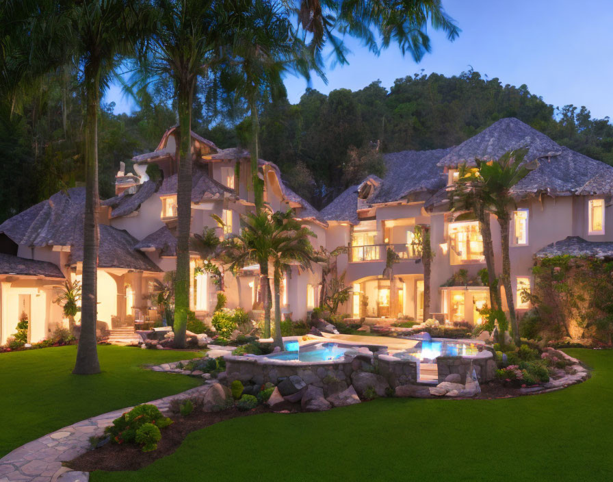 Spacious villa with illuminated windows, pool, palm trees, and manicured lawn at twilight