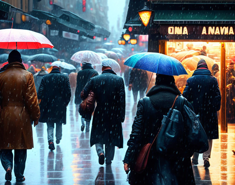 City street scene: People with umbrellas in heavy rain, glowing storefronts.
