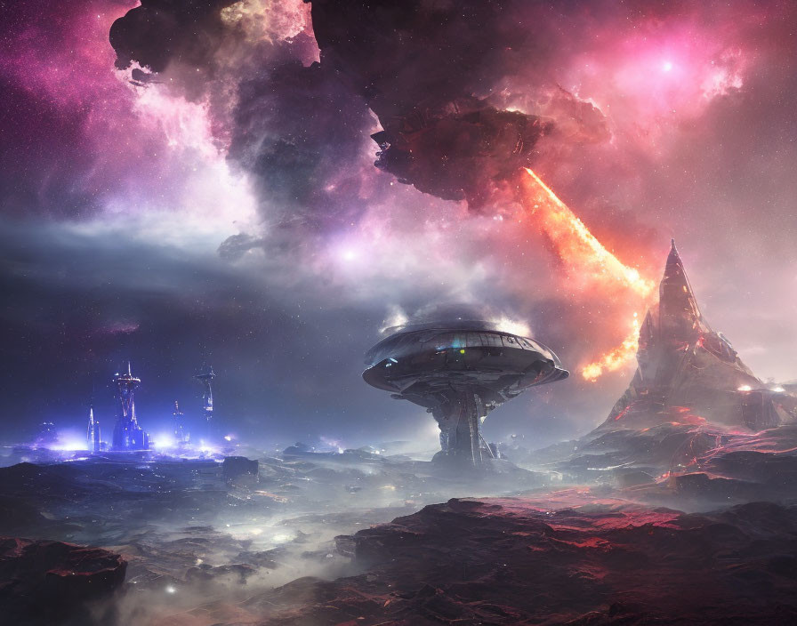 Futuristic sci-fi landscape with neon sky and mushroom-shaped spaceship