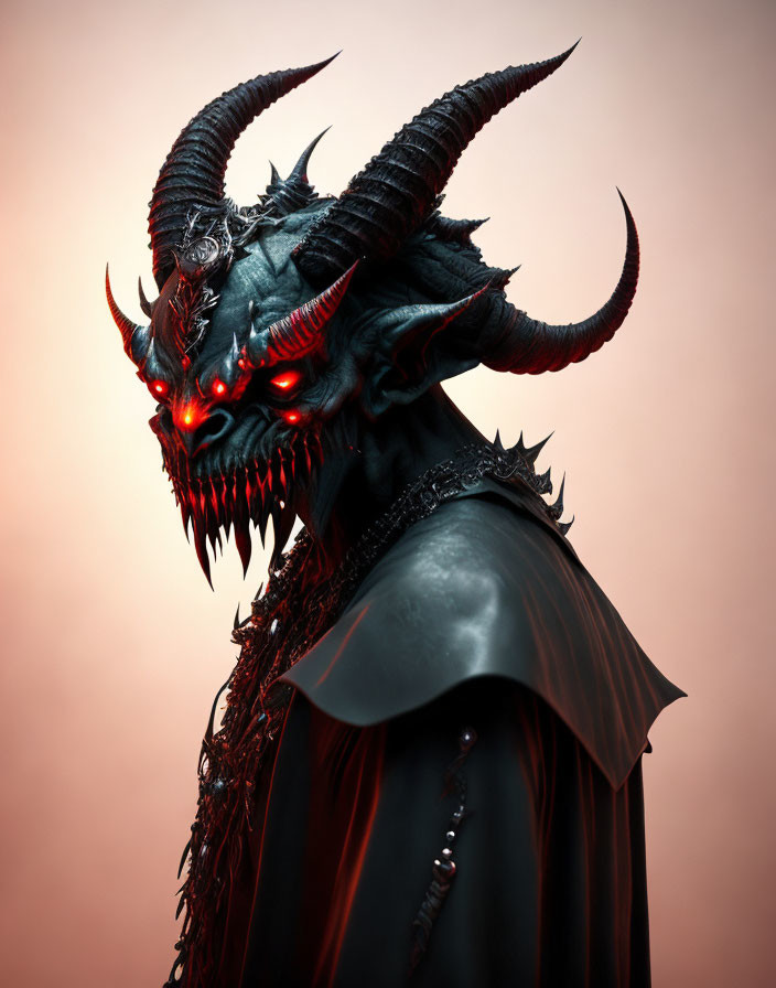 Demonic figure with large curved horns and glowing red eyes on red backdrop