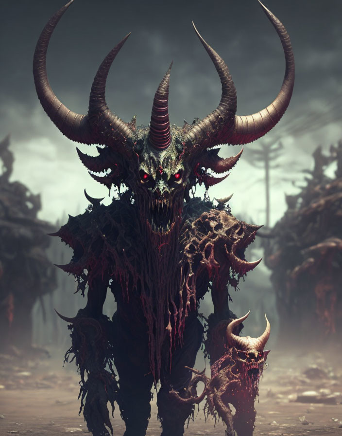 Menacing demon with large horns and glowing red eyes in gloomy landscape