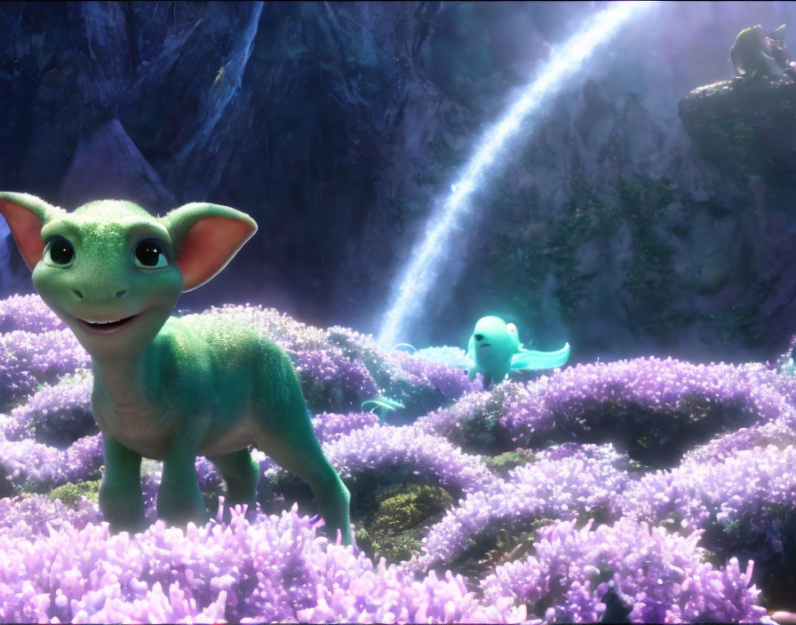 Green Creature Smiling Among Purple Flowers in Fantastical Setting