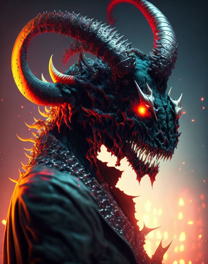 Mythical creature with red eyes, horns, and fur in fiery setting