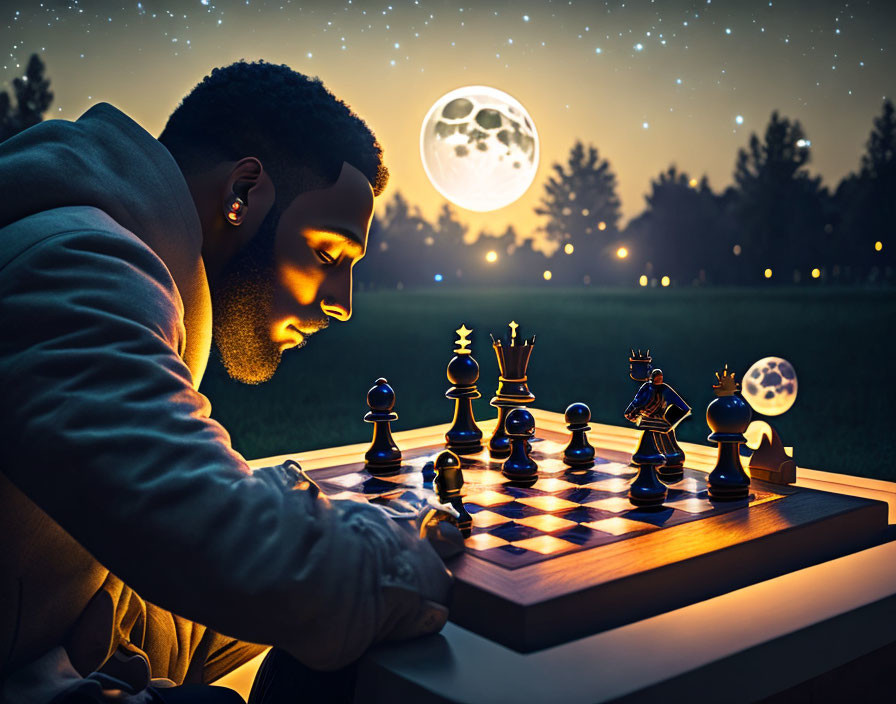 Chess Player in Moonlight with Oversized Moon and Stars