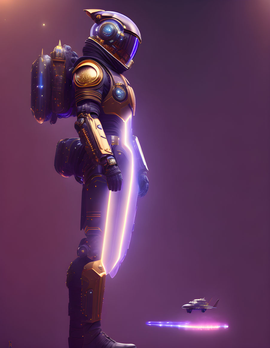 Futuristic astronaut with glowing visor and spaceship on purple backdrop
