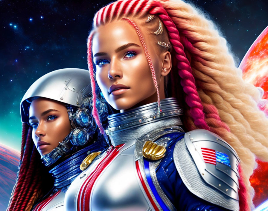 Detailed Armor and Helmets on Futuristic Female Warriors in Cosmic Setting