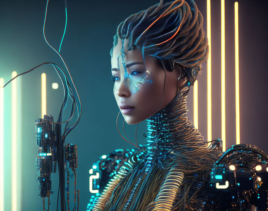 Futuristic female android with intricate wiring and glowing neon lights
