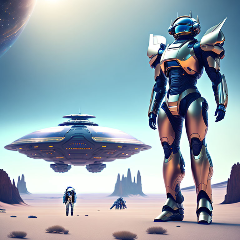 Robotic figures in desert landscape with spaceship above