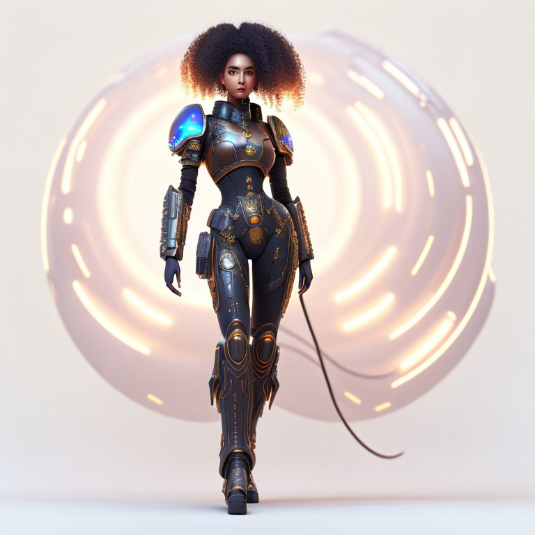 Futuristic 3D illustration of woman in afro and glowing armor