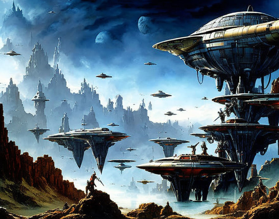 Futuristic sci-fi landscape with floating cities and spacecraft