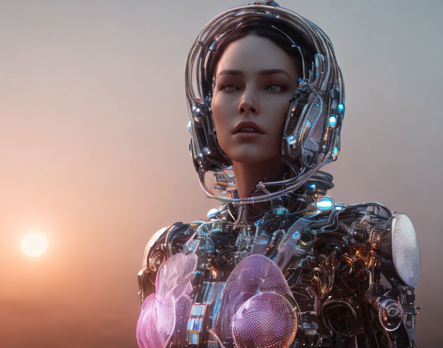 Detailed Cybernetic Humanoid Robot at Sunrise