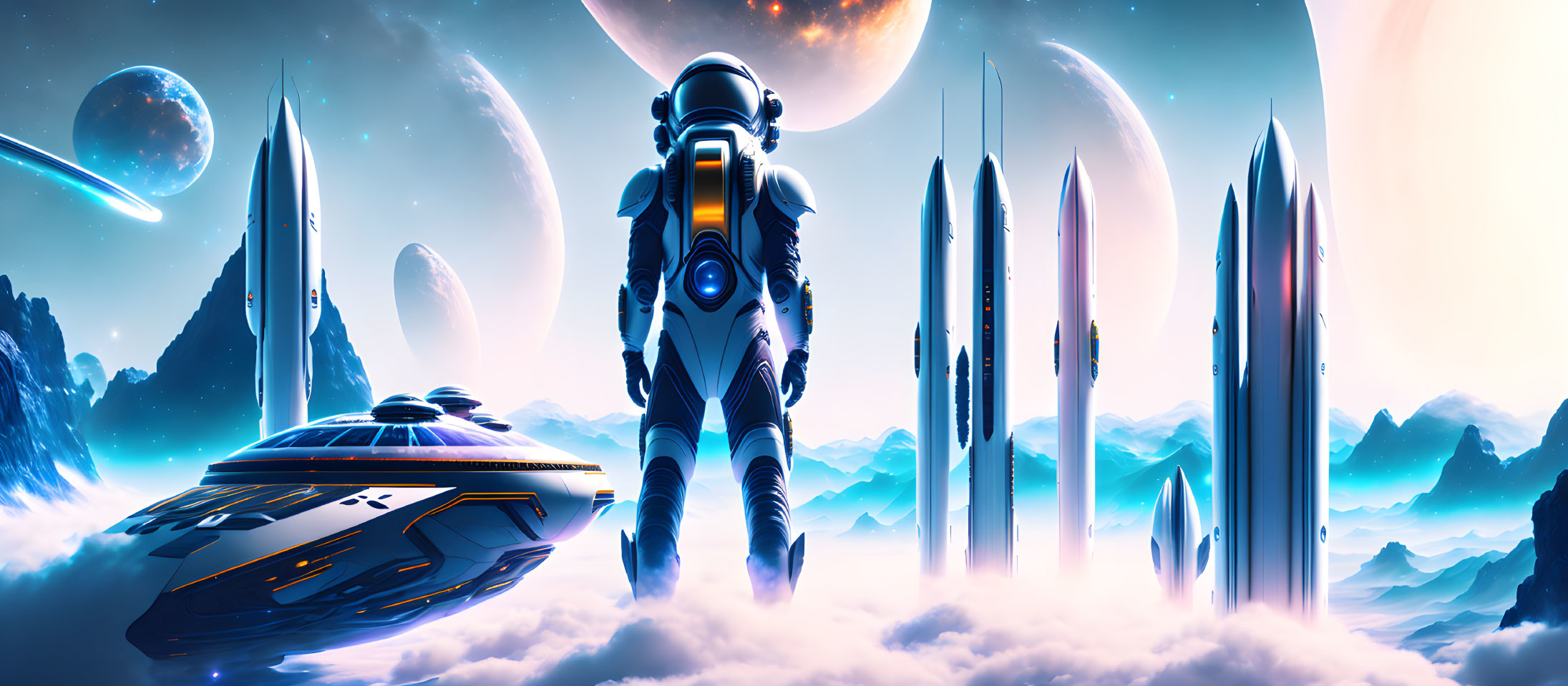 Astronaut on alien planet with futuristic buildings and spaceship.