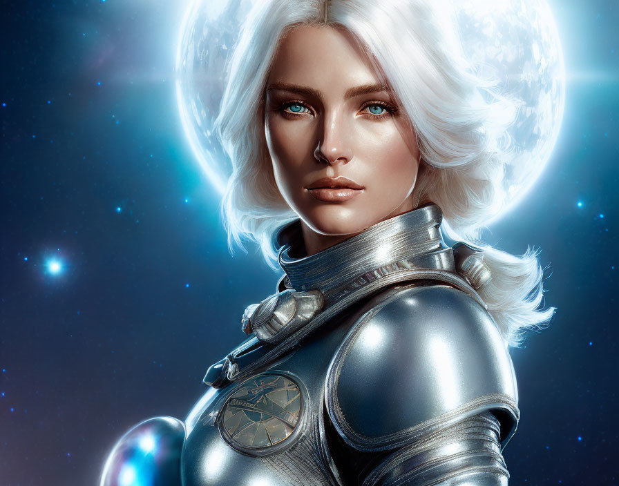 Silver-haired woman in futuristic armor against starry space backdrop with luminous orbs