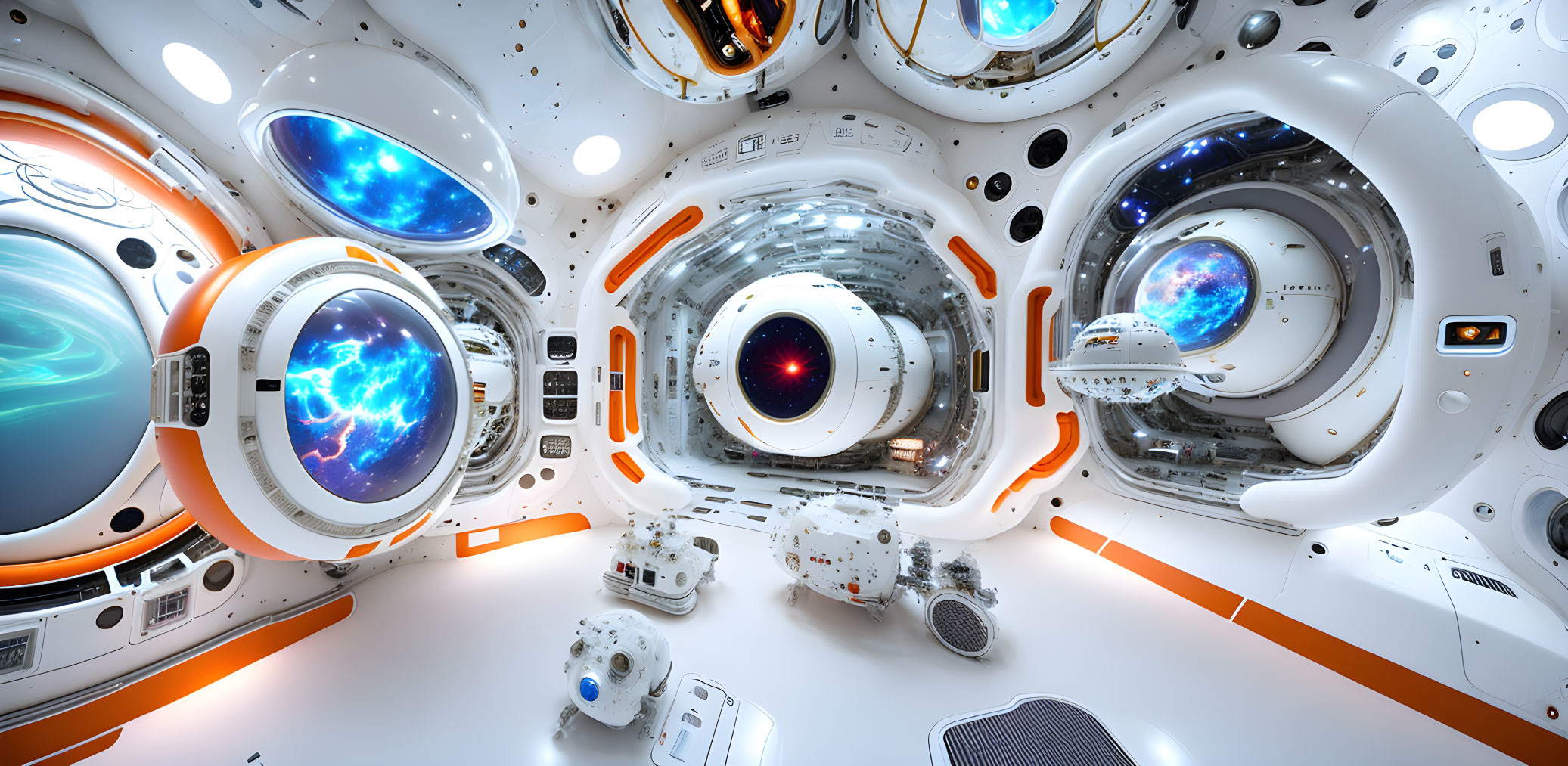 Futuristic spacecraft interior with cosmic viewports and high-tech equipment