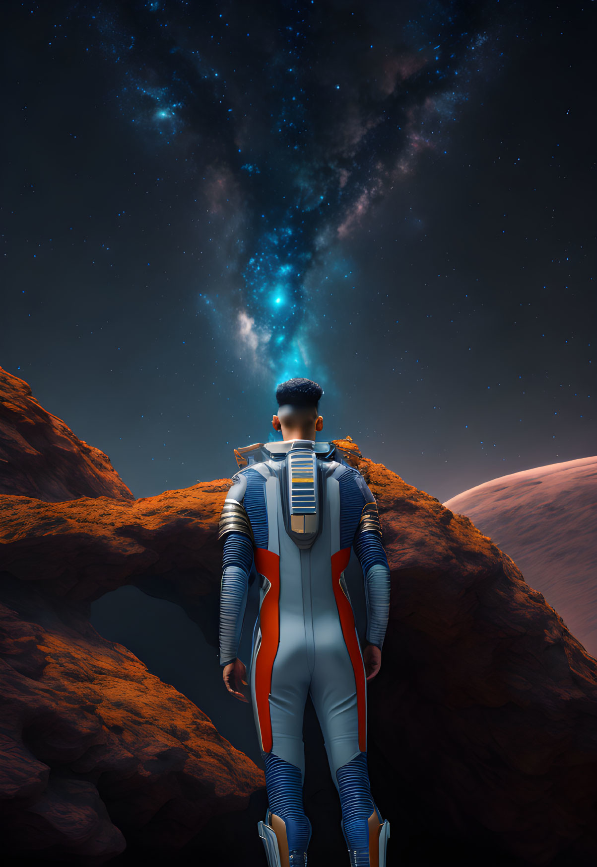 Astronaut on rocky alien terrain under star-studded sky