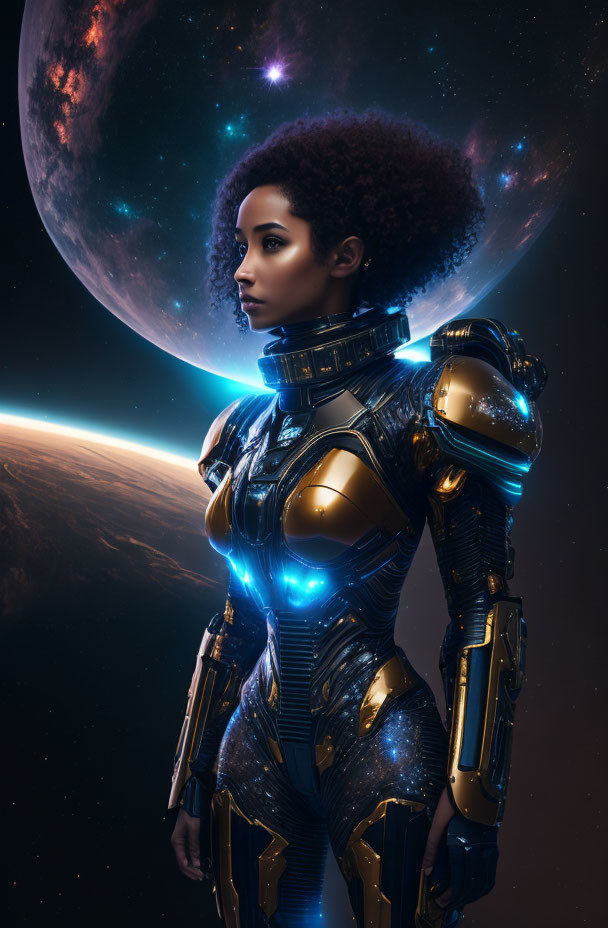 Futuristic armored woman looking at celestial body and planet curvature