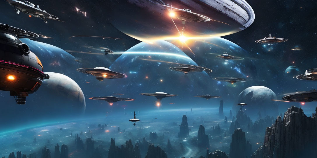 Futuristic space scene with diverse spacecrafts above alien city