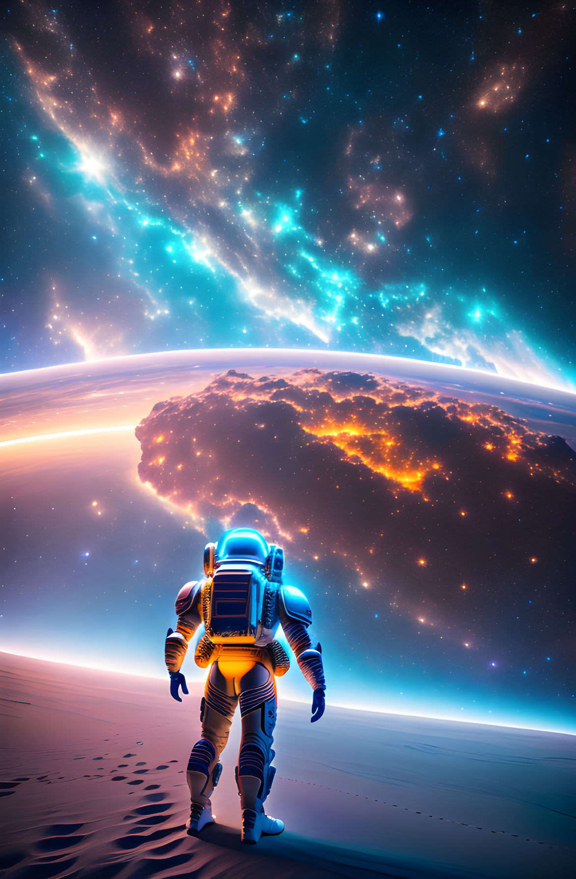 Astronaut on alien planet views colorful nebula